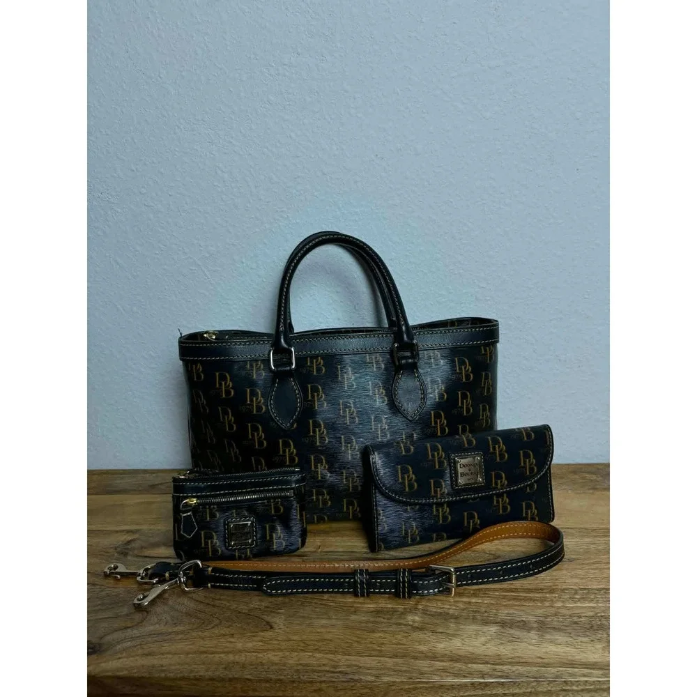 Dooney & Bourke Black Monogram 1975 Satchel with Matching Wallet & Coin Pouch